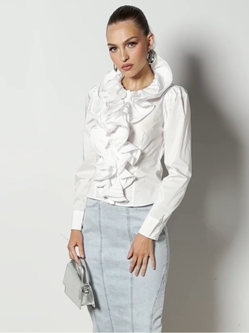 AKIRA Calista Statement Ruffle Collar Button Down Blouse White NWT Size S - Picture 10 of 15